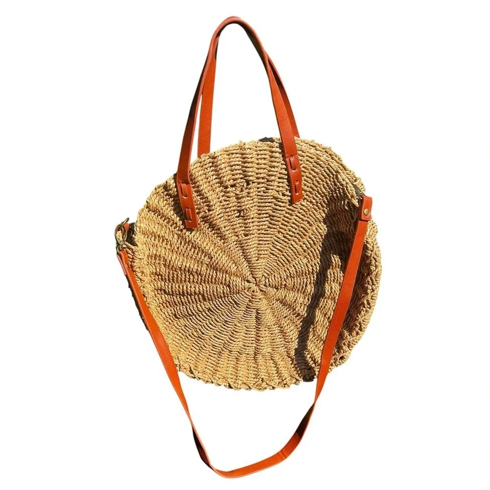 M Heart Round Circle Tote Bag Boho Beach Crossbody Natural Woven Papyrus 12.5